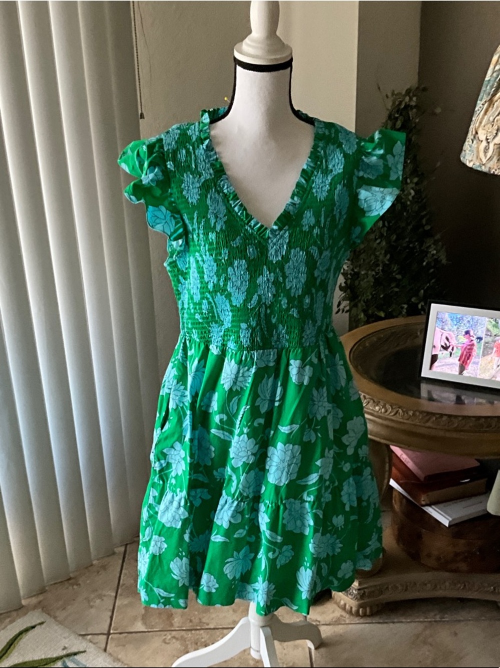 Sugarlips Green Floral Smocked Flutter-Sleeve Dress